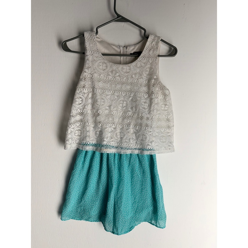 Xtraordinary Teal Polka Dot Lace Overlay Sleeveless Dress XL White Blue Summer